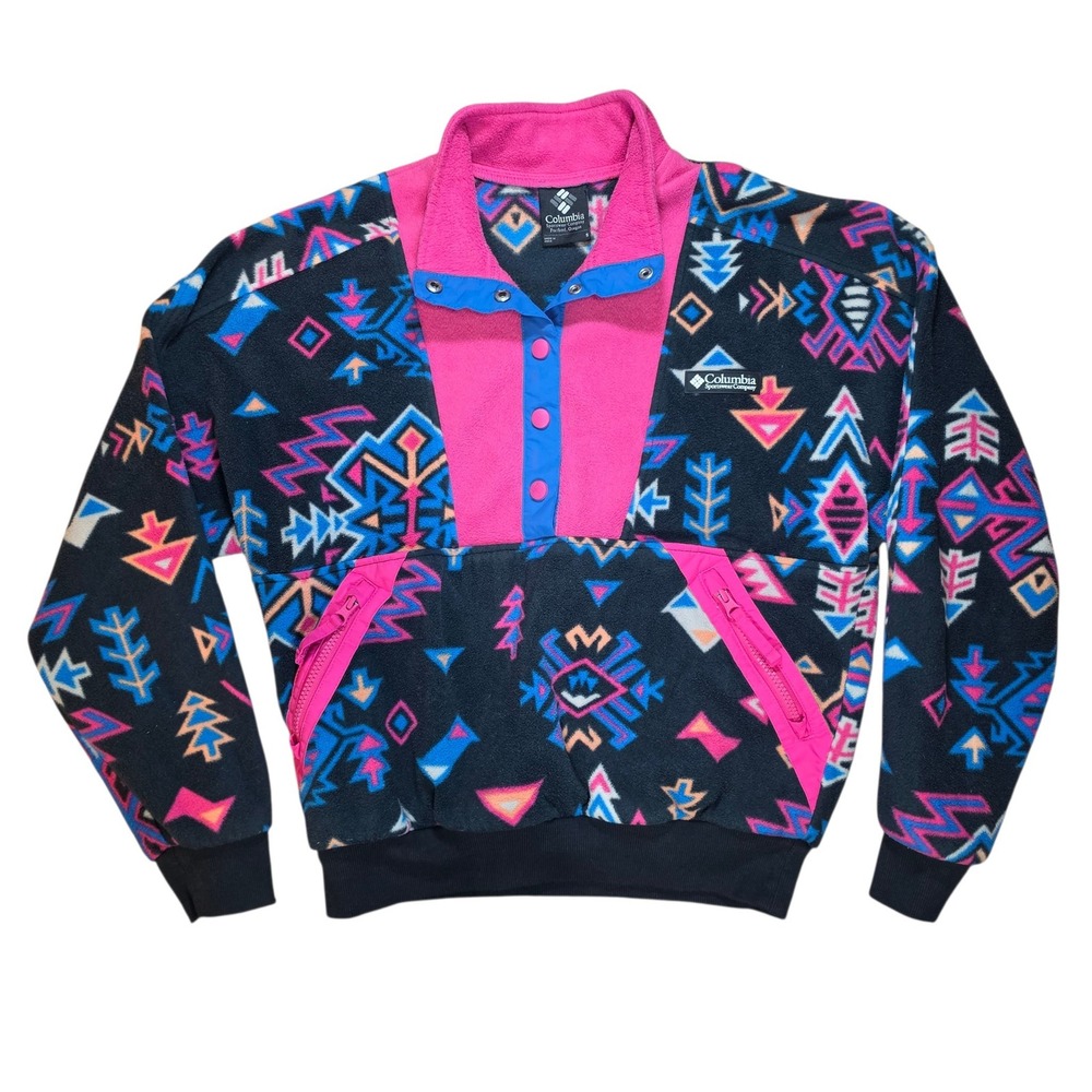 Columbia Womens Small Fleece Pullover Multi Geometric Tribal Snap Neck Aztec